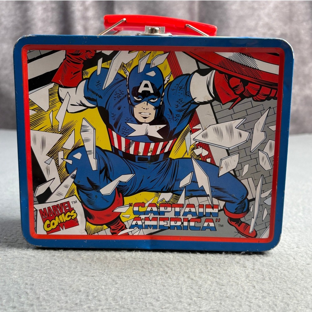 Vintage Marvel Comics Captain America Metal Lunch Box Tin Tote Blue Red